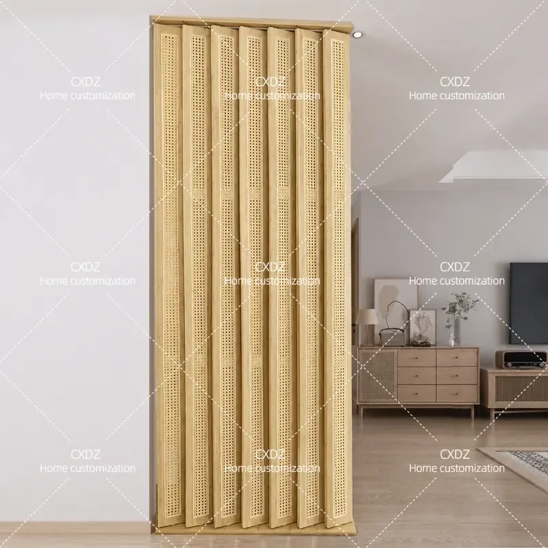 Japanese Style Solid Wood Bamboo Rattan Folding Screen Linkage Rotating Entry Door Partition Room Divider Privacy Block