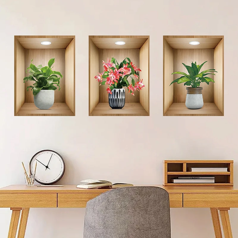 3pcs Watercolor Realistic Potted Flower Plant Wall Stickers Removable For Bedroom Living Room Nursery Decoration Wall Decals