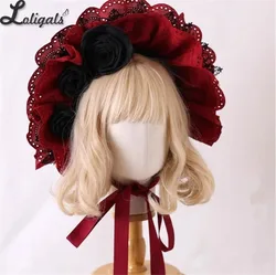 Gothic Bonnet Hat Red Black Classic Lolita Lace Ruffled Bow Hat