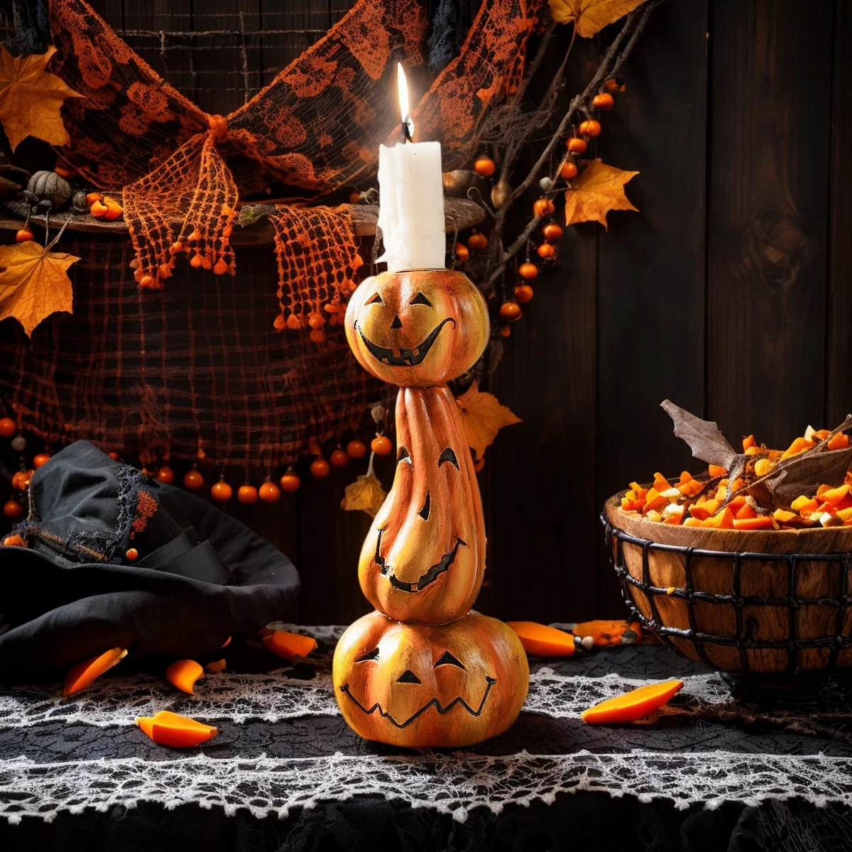 1 Stück, Halloween-Dekoration, 1 Retro-Kürbis-Kerzenhalter, Kunstharz-Heimdekoration, Kunsthandwerk