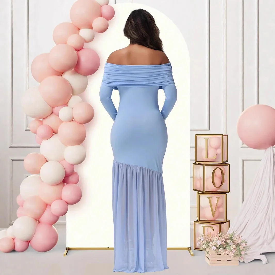 Dress for Pregnant Women Long-sleeved One-shoulder Maternity Clothing Eleganthip-mesh Tulle Evening Dress Pregnancy Clothes