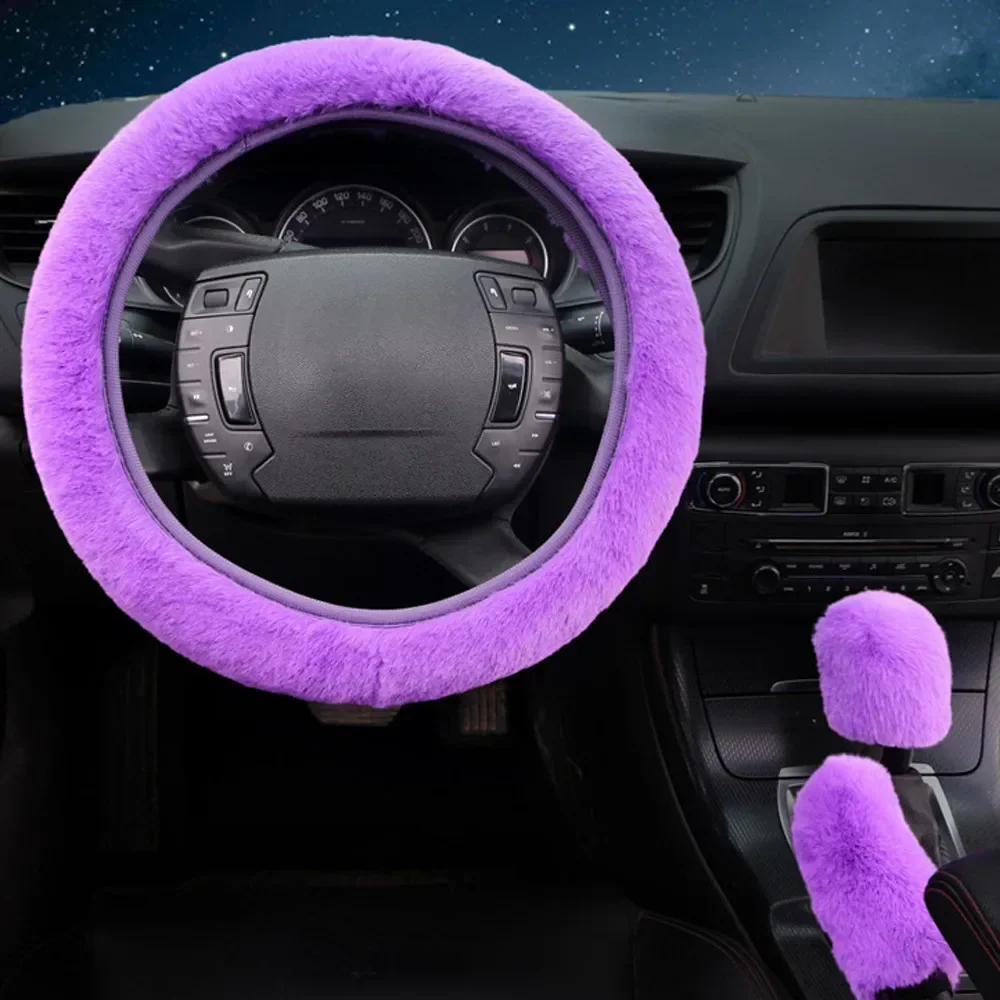 Plush Steering Wheel Cover + Gear Cover + Handbrake Cover (3-piece Set) Pink Fashion Fluffy Steering Wheel Covers For 38cm (14.9