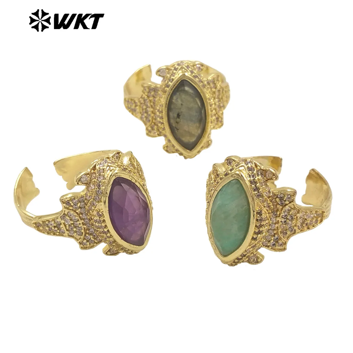 

WT-MR034 Amazing Fashion 18k Real Gold Plated Resist Tarnishable Horse Eye Shape Stone Seting With Micropave Zircon Ring