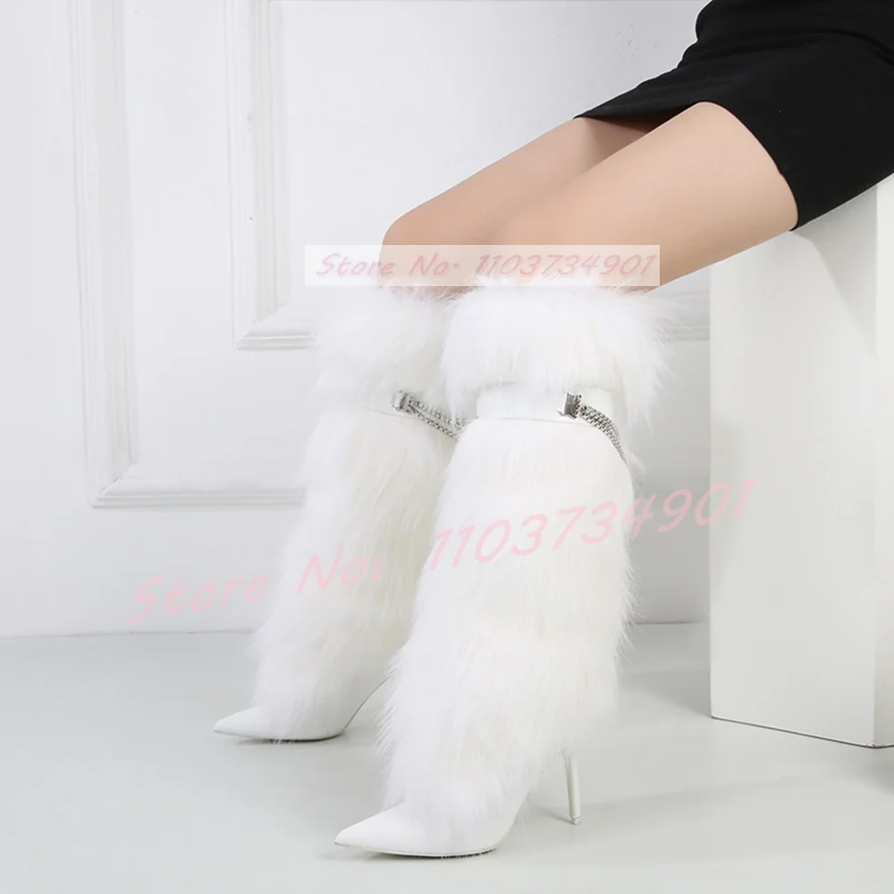 Furry Metal Chain Belt Buckle Stiletto Boots Women Sweet Pointy Toe Slip-On High Heels Shoes Ladies Fashion Knee Length Boots