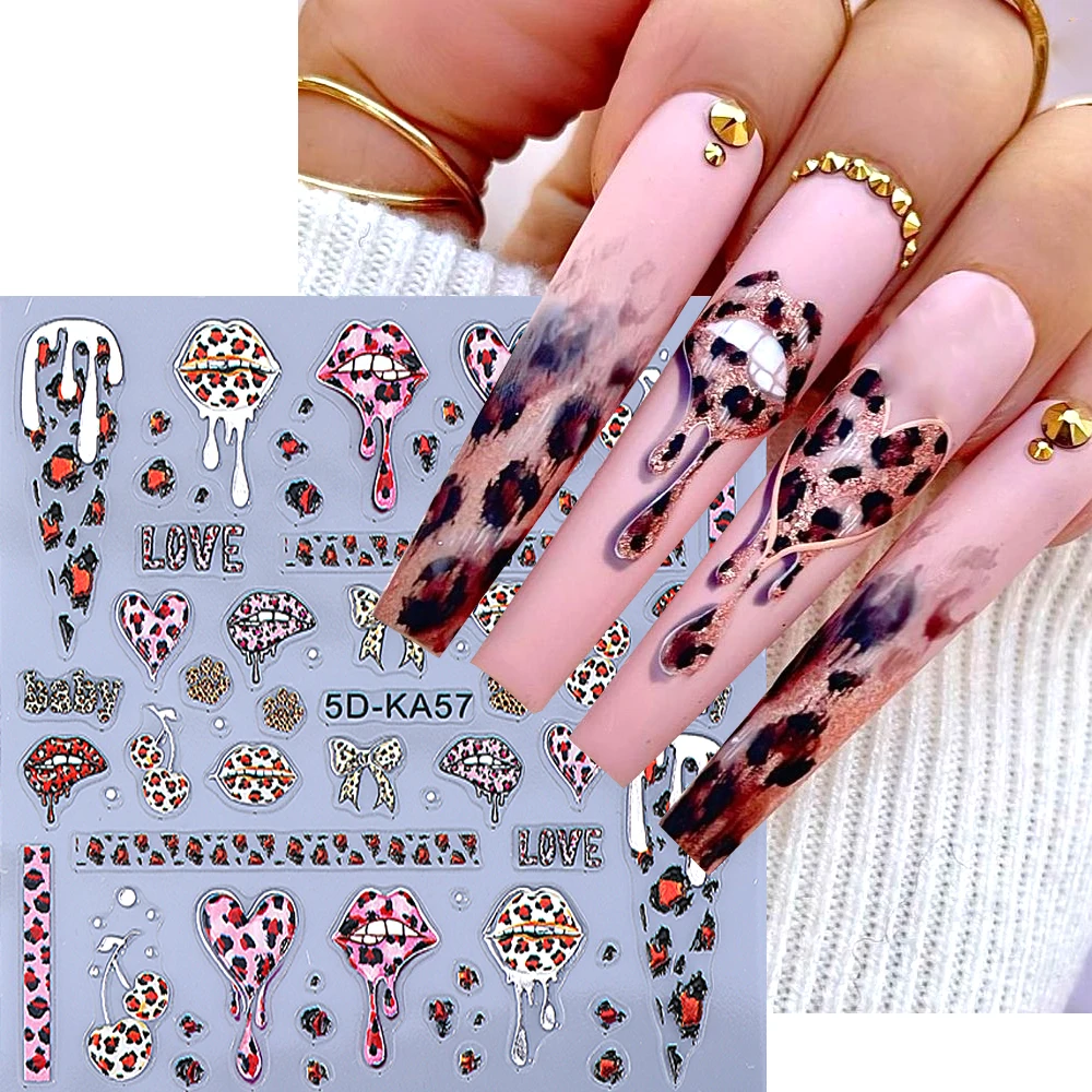 5D Liebe Herz Lippen Nail Art Aufkleber Selbstklebende Leopardenmuster Nagelaufkleber Valentinstag Maniküre Dekorationen Nagelzubehör