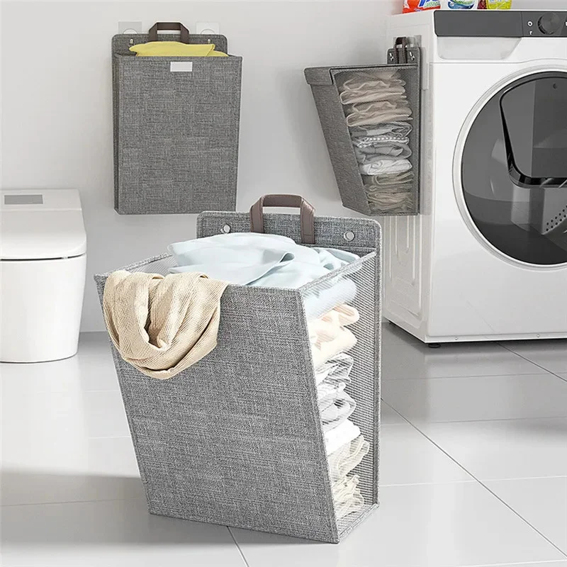 1 Pcs Foldable Adhesive Laundry Basket Hamper Multifunctional Punch Free Wall Hanging Washing Clothes Mesh Hook Organizer