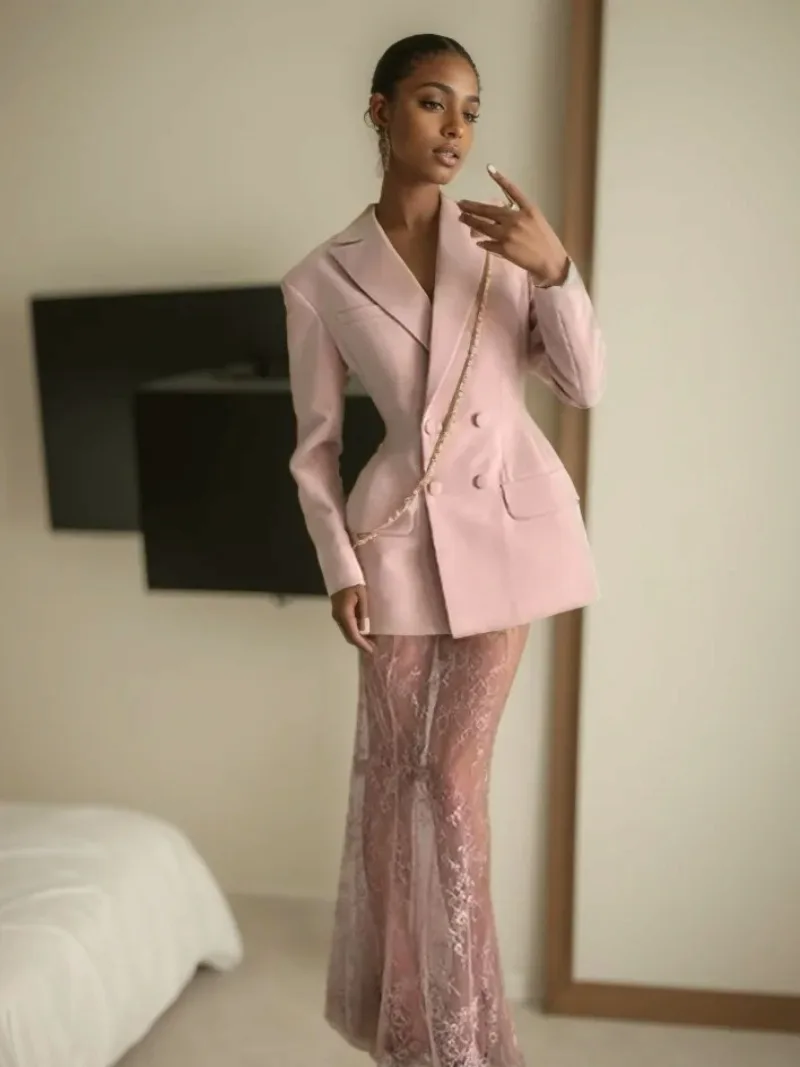 

2025 Summer New Women Clothing Lapel Waist Cinching Buckle Decoration Suit Jacket Pink Lace Long Skirt for Women Two-piece Sets