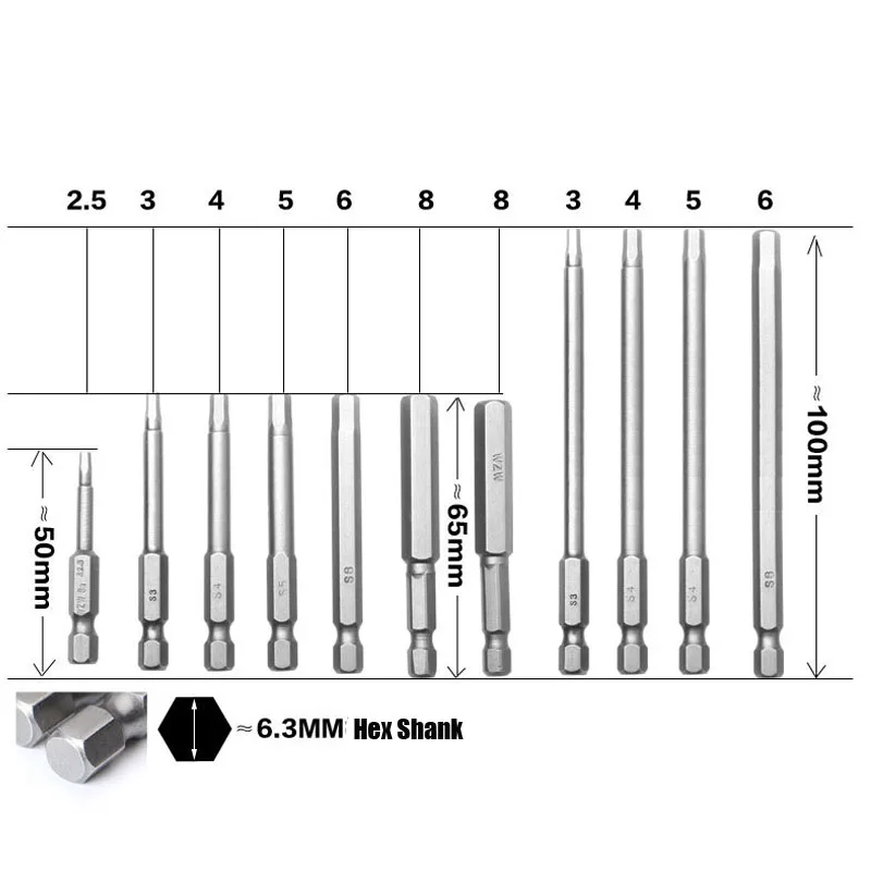 1pcs 50mm Hex Screwdriver Bits  1/4 Inch Hex Shank Magnetic Screw Drivers Set Hexagon Head Allen Wrench Drill Bits Set H1.5-H8