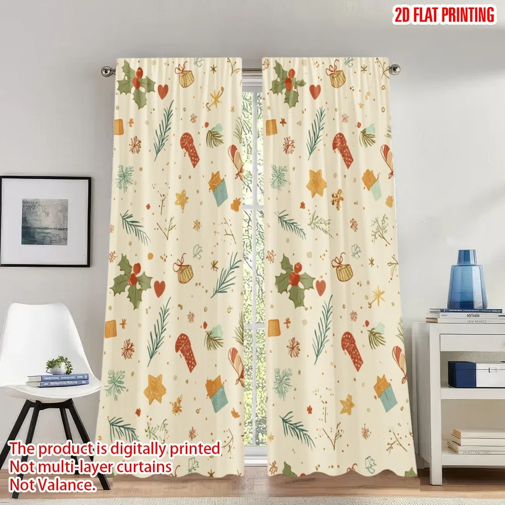 

2pcs 2D flat printing Merry Christmas Curtains Christmas Seamless Holly Digital Printed Polyester Drapes Family Party Decoration