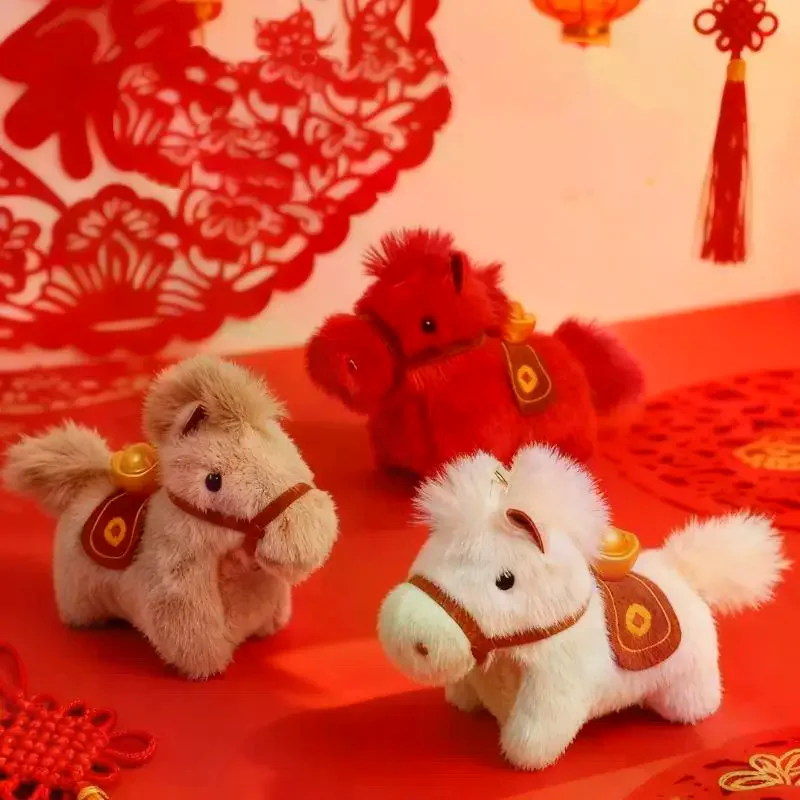 Het jaar van paard mascotte sleutelhanger Chinees Nieuwjaar 2026 hanger schattige cartoon pluche pony sleutelhanger lente festival feestartikelen