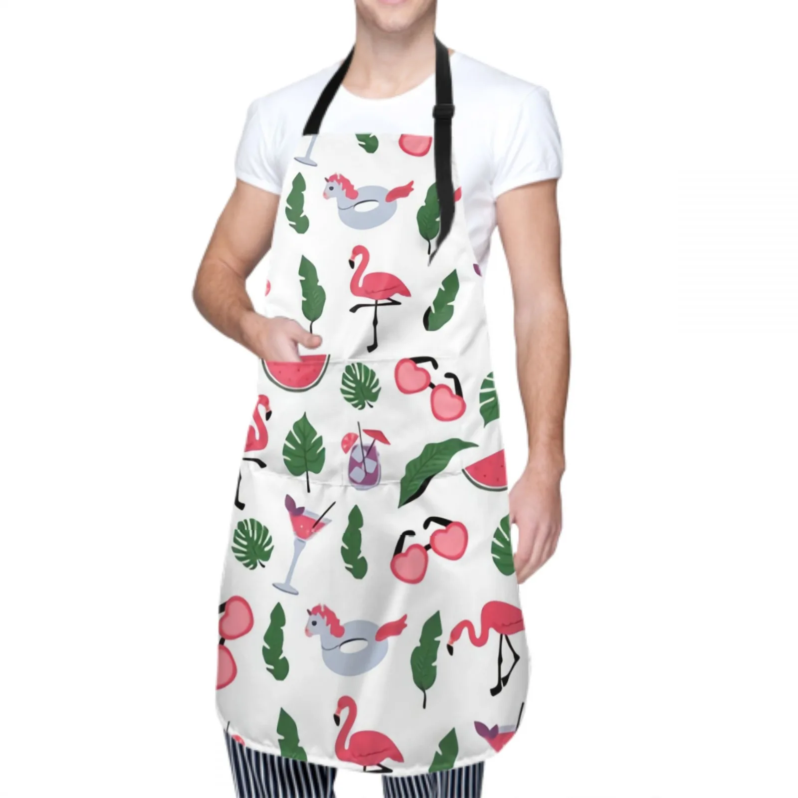 Cartoon Flamingo Waterproof Apron with 2 Pockets Kitchen Chef Apron  Apron for Hair Brushing Cooking Baking Painting Gardening