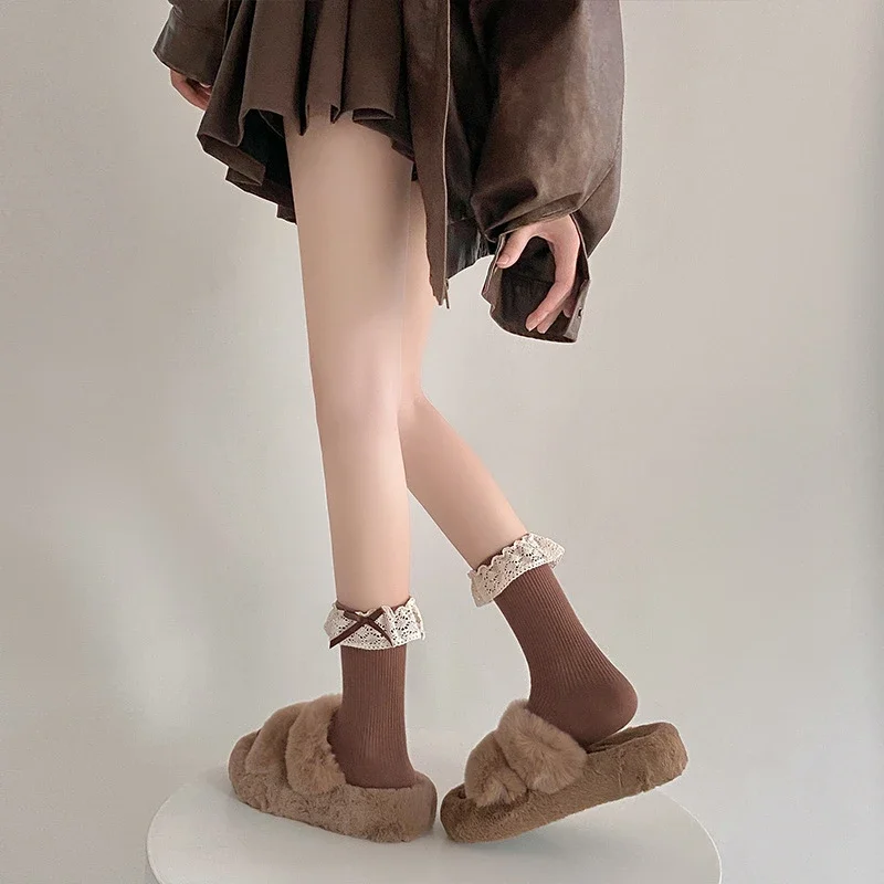 

Brown Bow Knee High Sock Japanese JK Style Ribbed Leg Warmers Retro Lace Trim Cotton Socks for Women Cute Stackable Ankle Socks