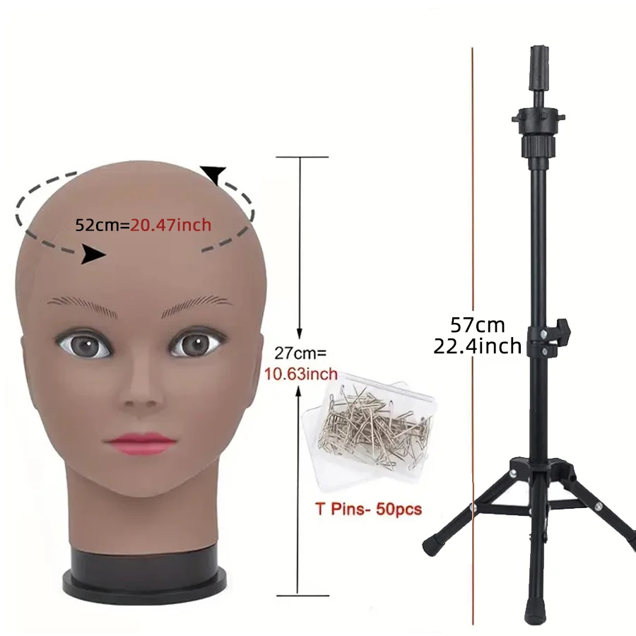 Soporte para pelucas con trípode de 57cm con cabeza de maniquí calvo, Mini soporte para pelucas, trípode con cabeza calva, soporte para pelucas con trípode ajustable, pines en T