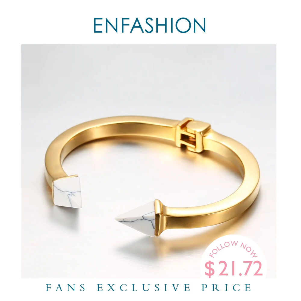 Enfashion Natural Stone Spike Cuff Bracelet Manchette Gold color Bangle Bracelet Women Stainless Steel Bracelets Bangles