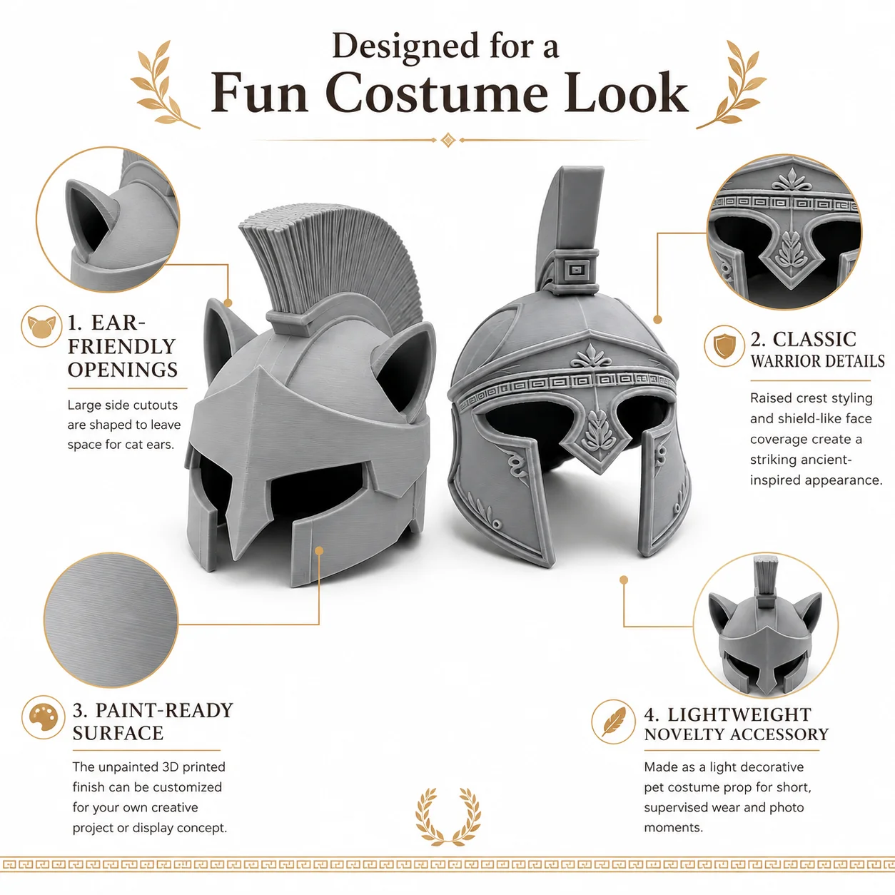3D Printed Odysseus Spartan Cat Helmet Ancient Greek Warrior Pet Costume Cosplay Headgear Photo Prop Model Accessory Gift
