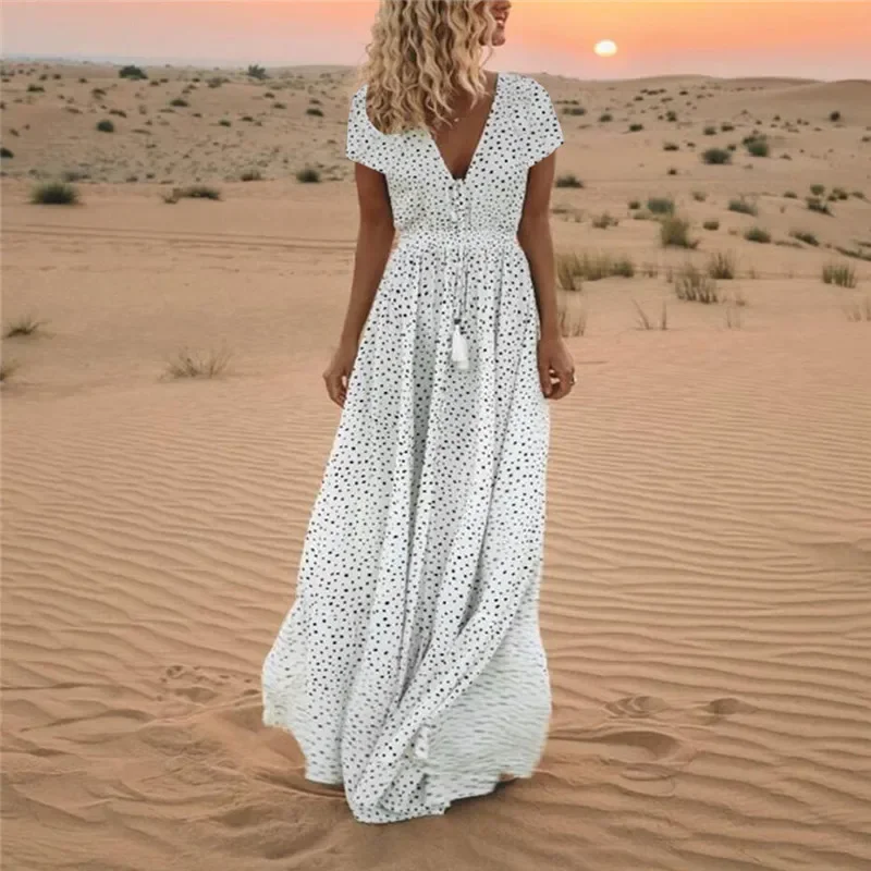 

Women Vacation Beach Boho Polka Dot Dress V-Neck Chiffon Maxi Long Cottagecore Dresses New 2024 Oversized Summer Dress Vestido