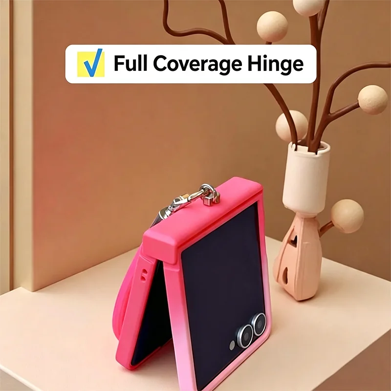 For Samsung Z Flip 8 Case Pink Gradient Phone Case For Samsung Galaxy Z Flip 8 7 6 5 Cases With Cute Lucky Horse Pendant Lanyard