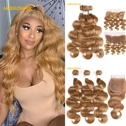 Honey Blonde #27 Body Wave 3 Bundles With 4X4 Closure Weave Remy 100% Brazilian Human Hair #27 Colored Bundles With 13x4 Frontal