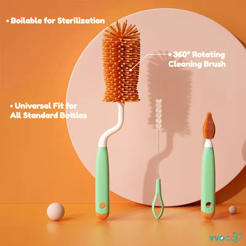 vvocci 360° Silicone Cleaning Brush Set – Multi-Function Kitchen Bottle, Glass, Straw & Baby Pacifier Scrubber Tool