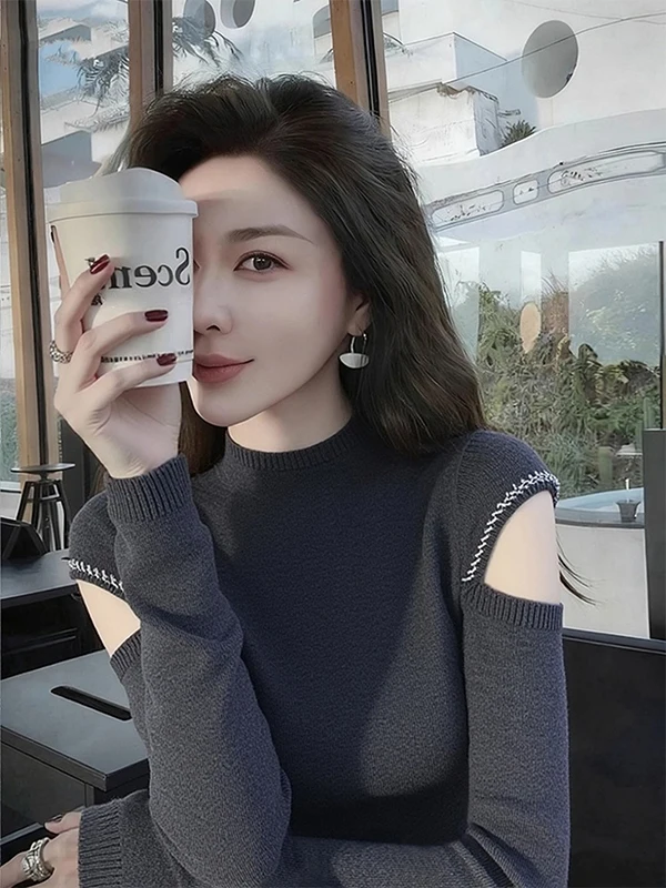 

oulder-baring Knitted Sweater Long Sve Slim Fit Women's Inner Wear ey Autumn Winter Faion Commute Sle f High Co...