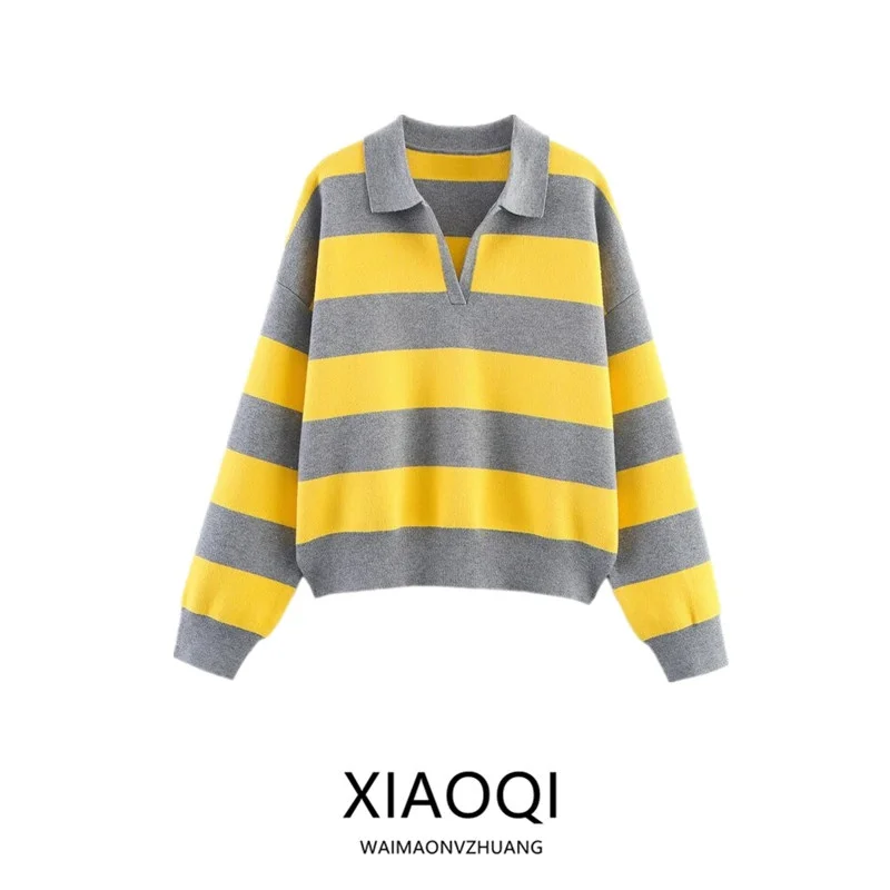 

Осень 2023, новый женский дизайн в полоску, трикотажные европейские сле 553662, модный повседневный удобный крой