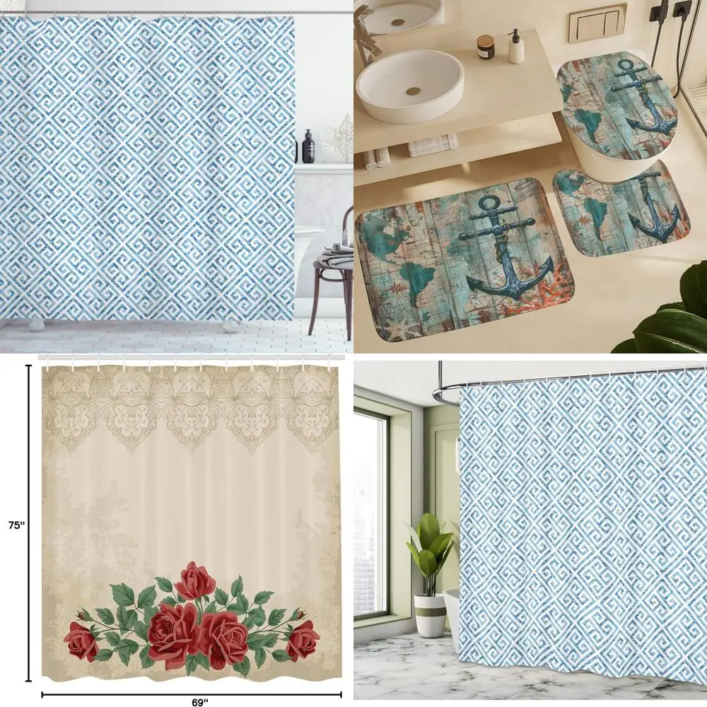 

Занавеска для душа с геометрической плиткой и антикварной меандрю и современной тканевой тканью в камуфляжном стиле для ванной комнаты