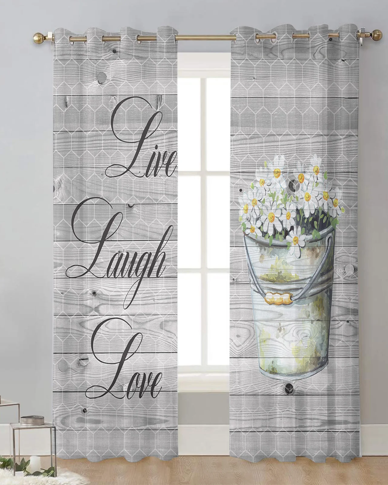 Vintage Wood Grain Flower Daisy Sheer Tulle Curtain Children Bedroom Curtains Living Room Window Treatment Voile Drape