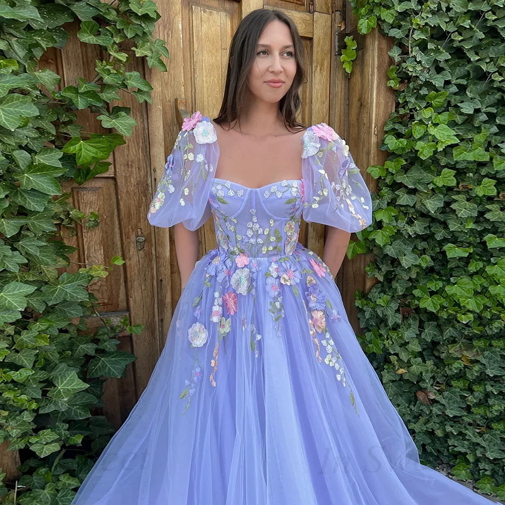 Vestido de noche largo de tul con flores en 3D, traje de princesa con apliques de encaje y espalda descubierta, escote corazón