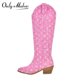 Onlymaker Women Pointed Toe Knee High Boots Western Boots Wide Calf Embroidered Canvas Block Heel Pull-On Cowgirl Booties