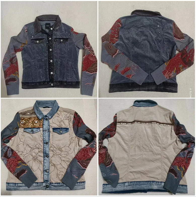 Spanish original light luxury women's denim jacket with knitted sleeve splicing design and heavy embroidery short style