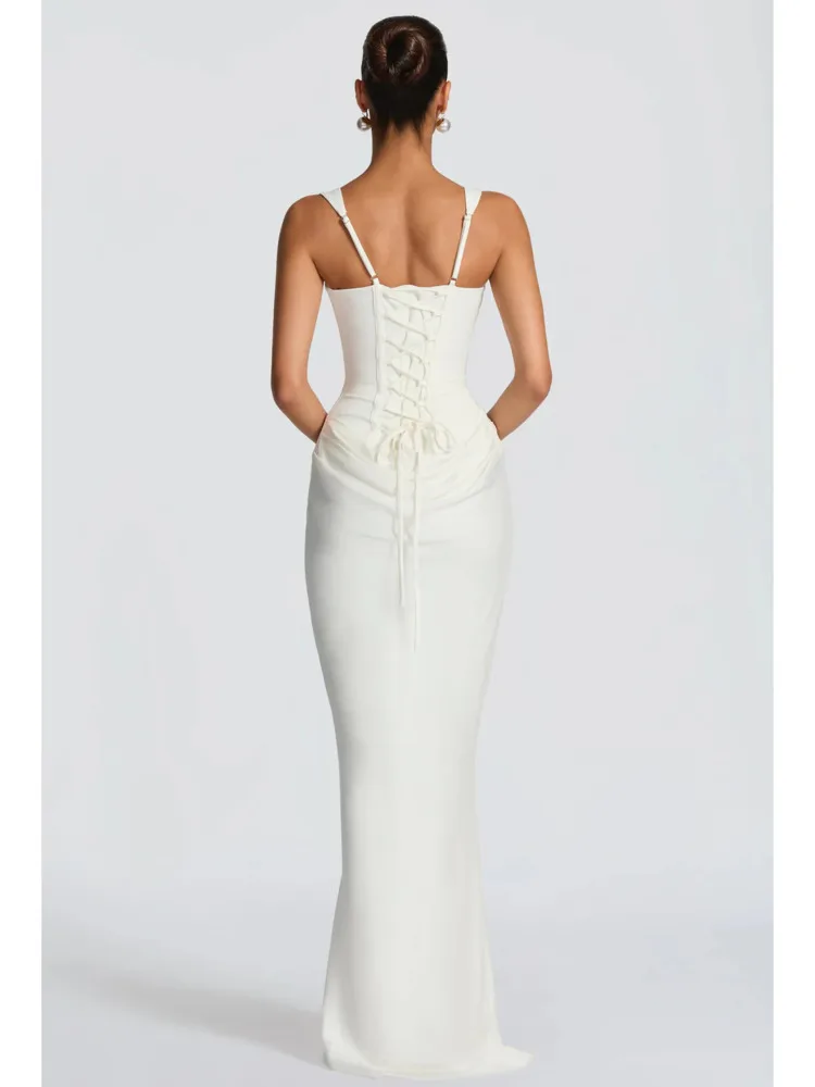 DFDG Damen 2025, Frühling und Sommer, elegantes Korsettkleid, quadratischer Ausschnitt, Schlinge, figurbetont, Midi-Partykleid, schmale Passform, hohe Taille