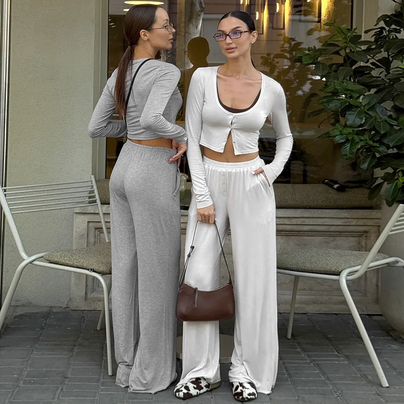 

Absobe женский осенний комплект из 2 предметов, укороченный топ, кардиган с тремя пуговицами, тонкий кардиган с круглым вырезом, эластичные свободные брюки с высокой талией, модная уличная одежда