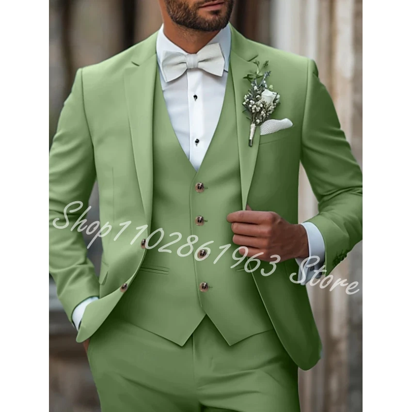 Fashion Sage Green Wedding Suits Luxury Groomsmen Formal Custom Tuxedos Business Jacket Vest Pants 3Pcs Trajes De Hombre