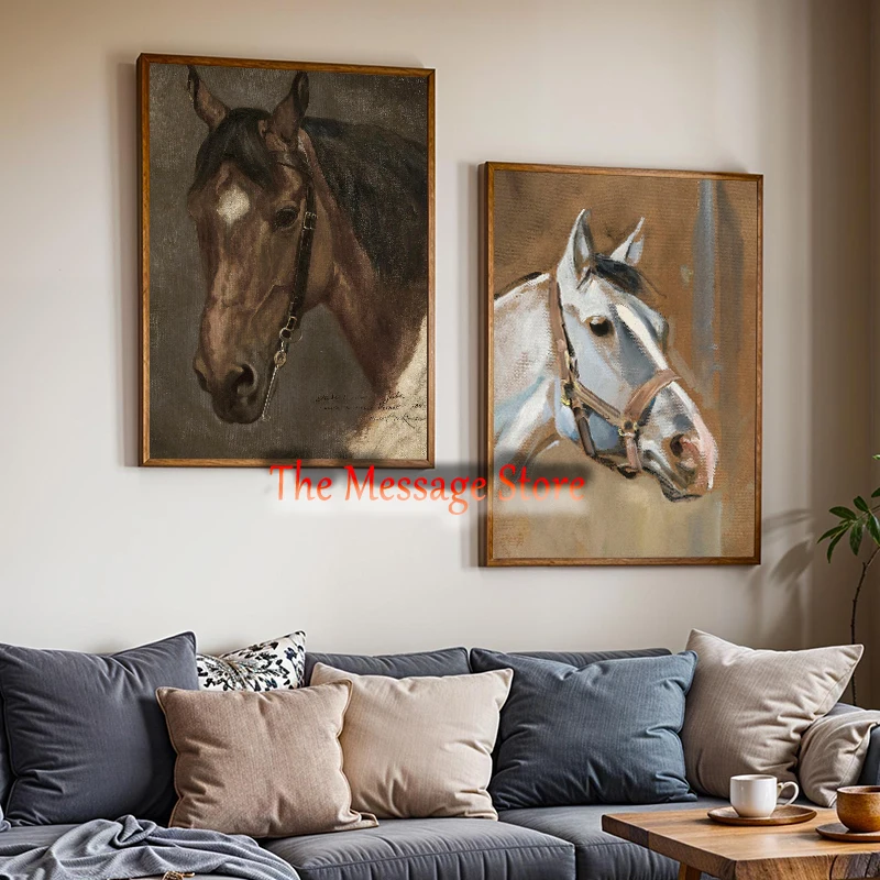 Vintage Horse Oil Painting Equestrian Wall Art Rustic Horse Farmhouse Poster Canvas Painting Wall Picture Home Living Room Decor