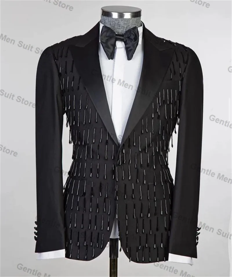 

Beading Black Men Suits Set 2 Piece Blazer+Pant Cotton Prom Groom Wedding Tuxedo Coat Custom Size Formal Office Jacket Outfit