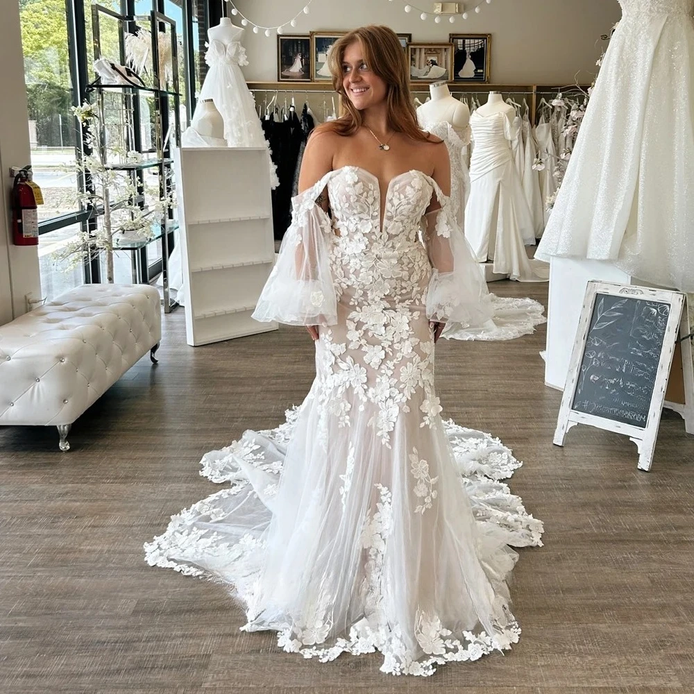 Mermiad Wedding Dress for Women Lace Appliques Full Sleeves Tulle Lacing up Court Train Vestidos Customised