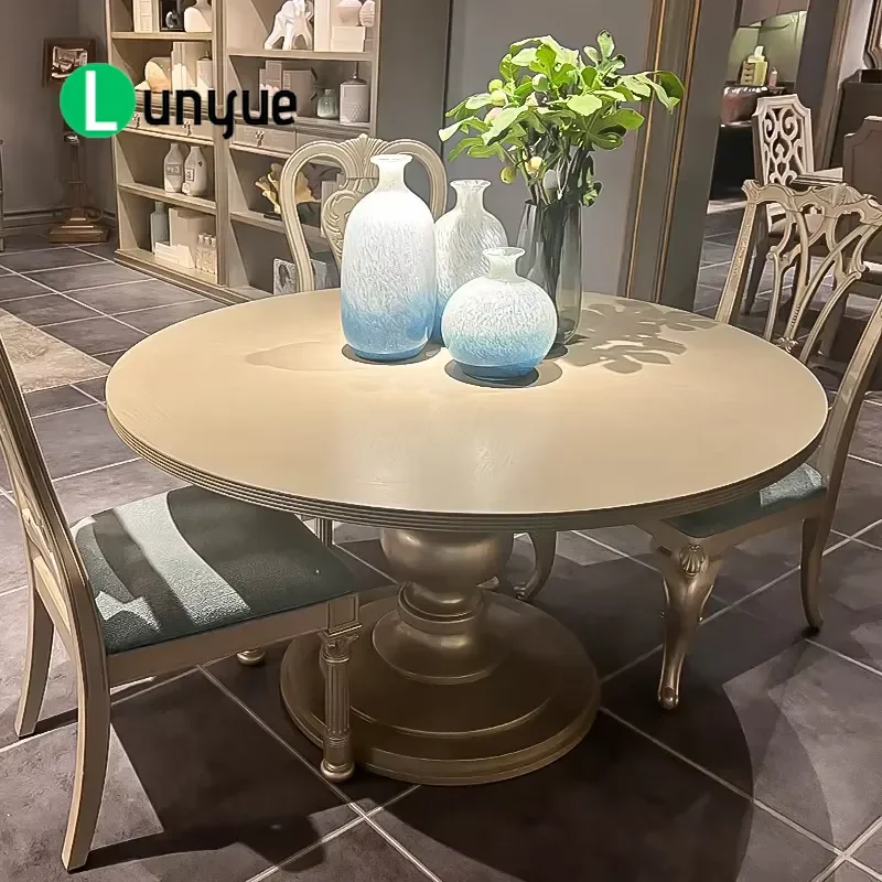Antique Solid Wood Dining Table Traditional American French Royal Luxury Style Imitation Old Design Retractable Seats Elegant