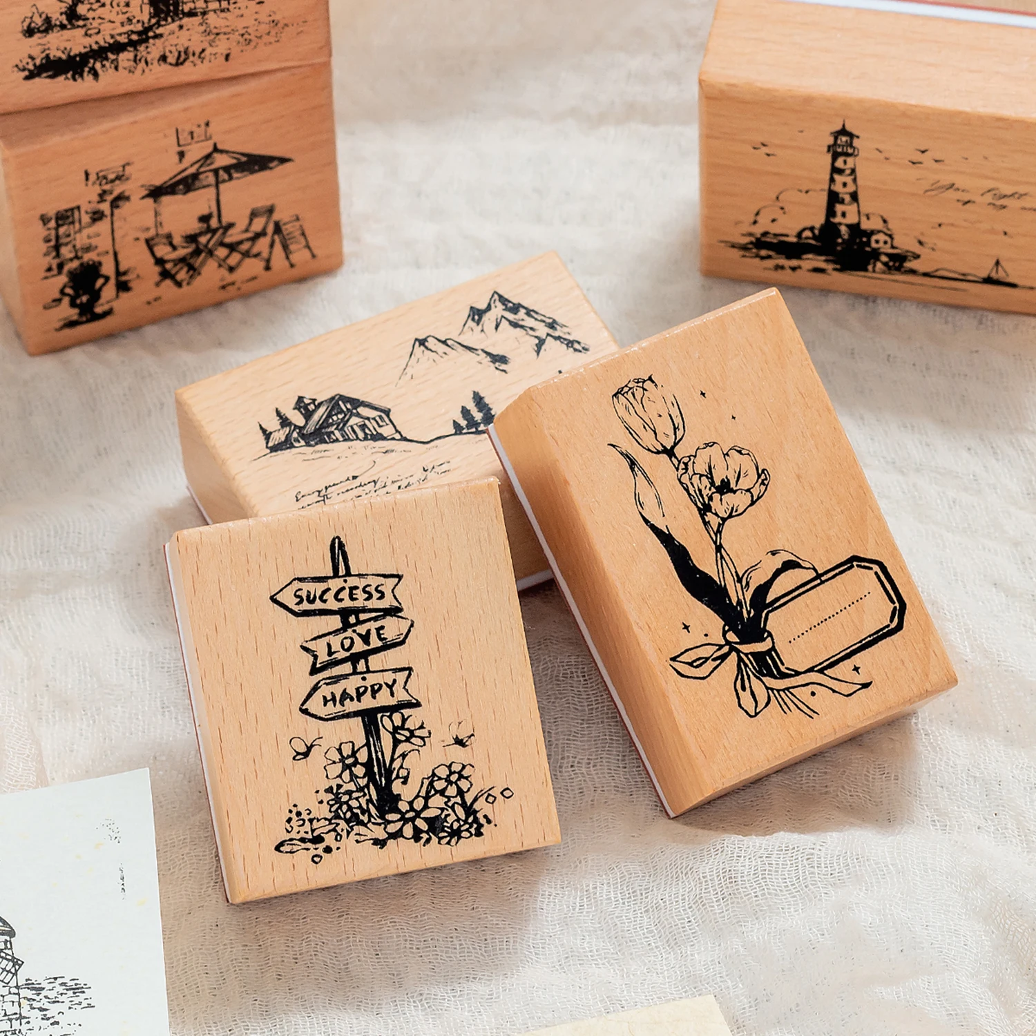 Vintage Retro Wooden Rubber Stamps, Scenery Lighthouse Floral Pattern For Scrapbooking Journal Diary Diy Craft Decor