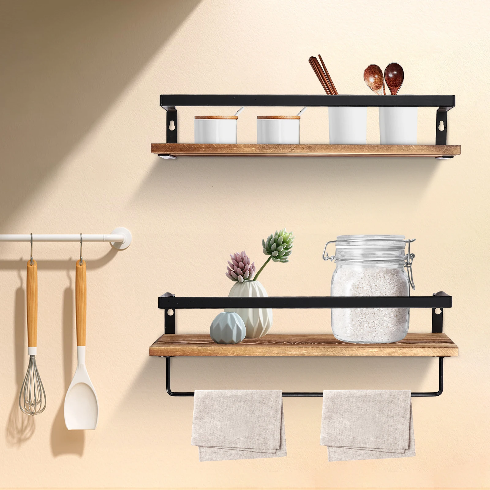 Wooden Wall Mounted Shelf 2 Tiers Wall Mounted Shelf with Towel Bar for Bathroom