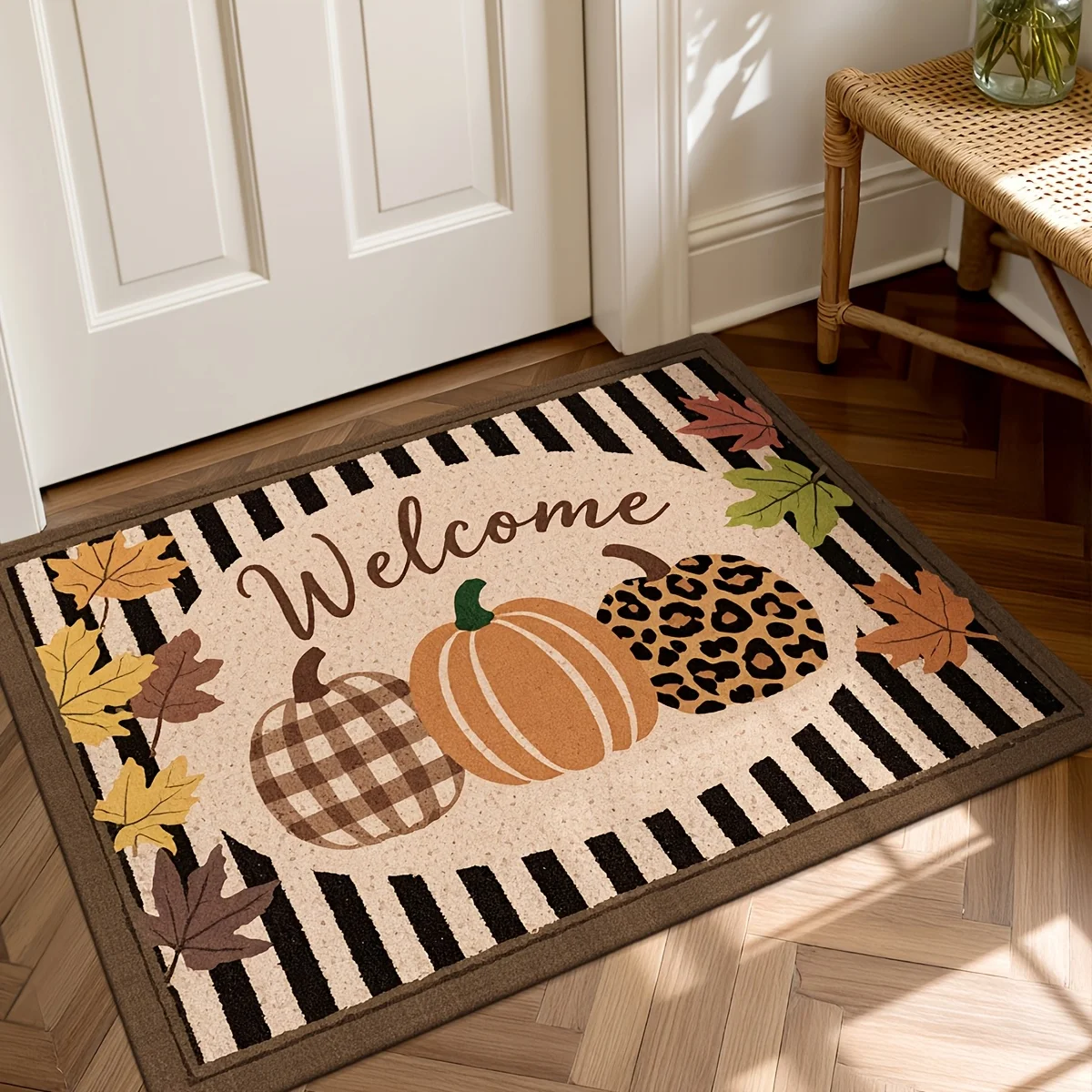 Fall Welcome Door Mat Flannel Non Slip Washable Leopard Plaid Pumpkin Maple Leaf Soft Entryway Rug for Autumn Harvest Home