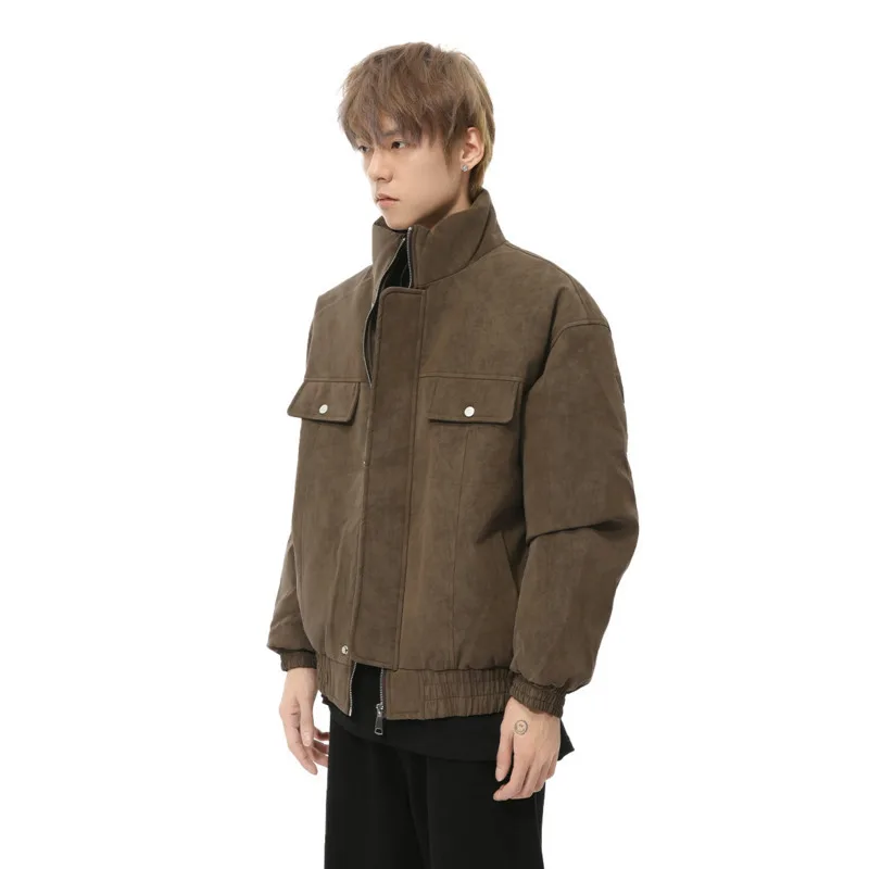 American Style Men's White Duck Down Jacket Stand Collar Cargo Tops Solid Color Loose Thickened Male Coats New 2024