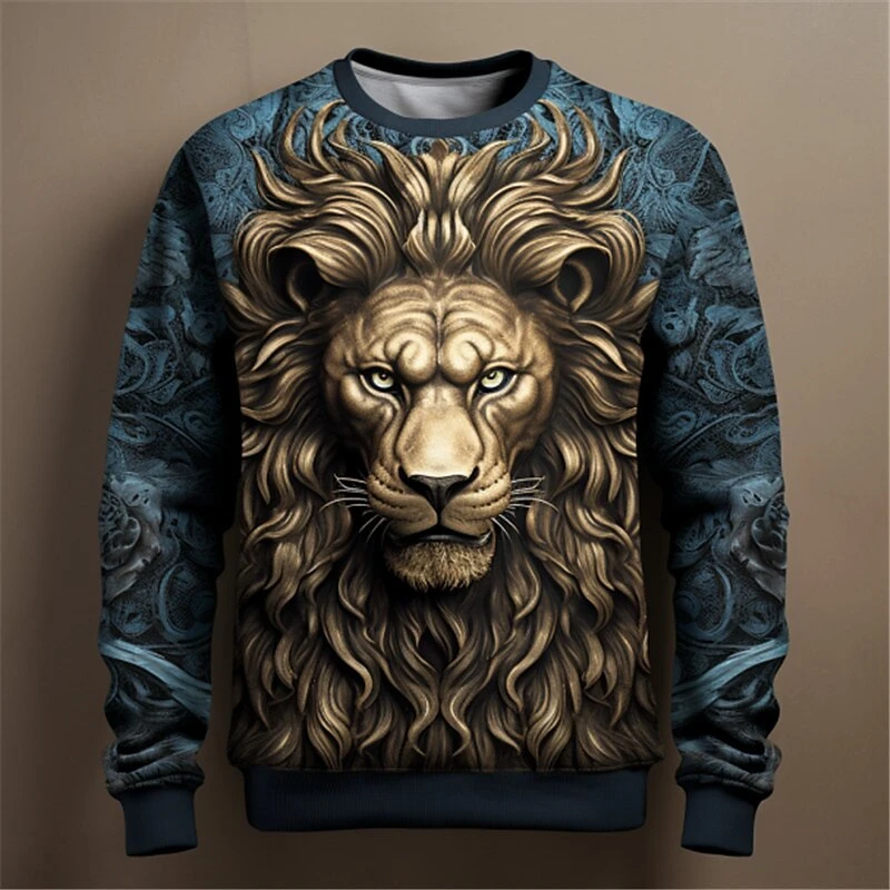 Lion Pattern 3D Printing Round Neck Hoodies Comfortable Breathable Men's Clothing Trend Retro Male Top Dazzling Cool Clothing