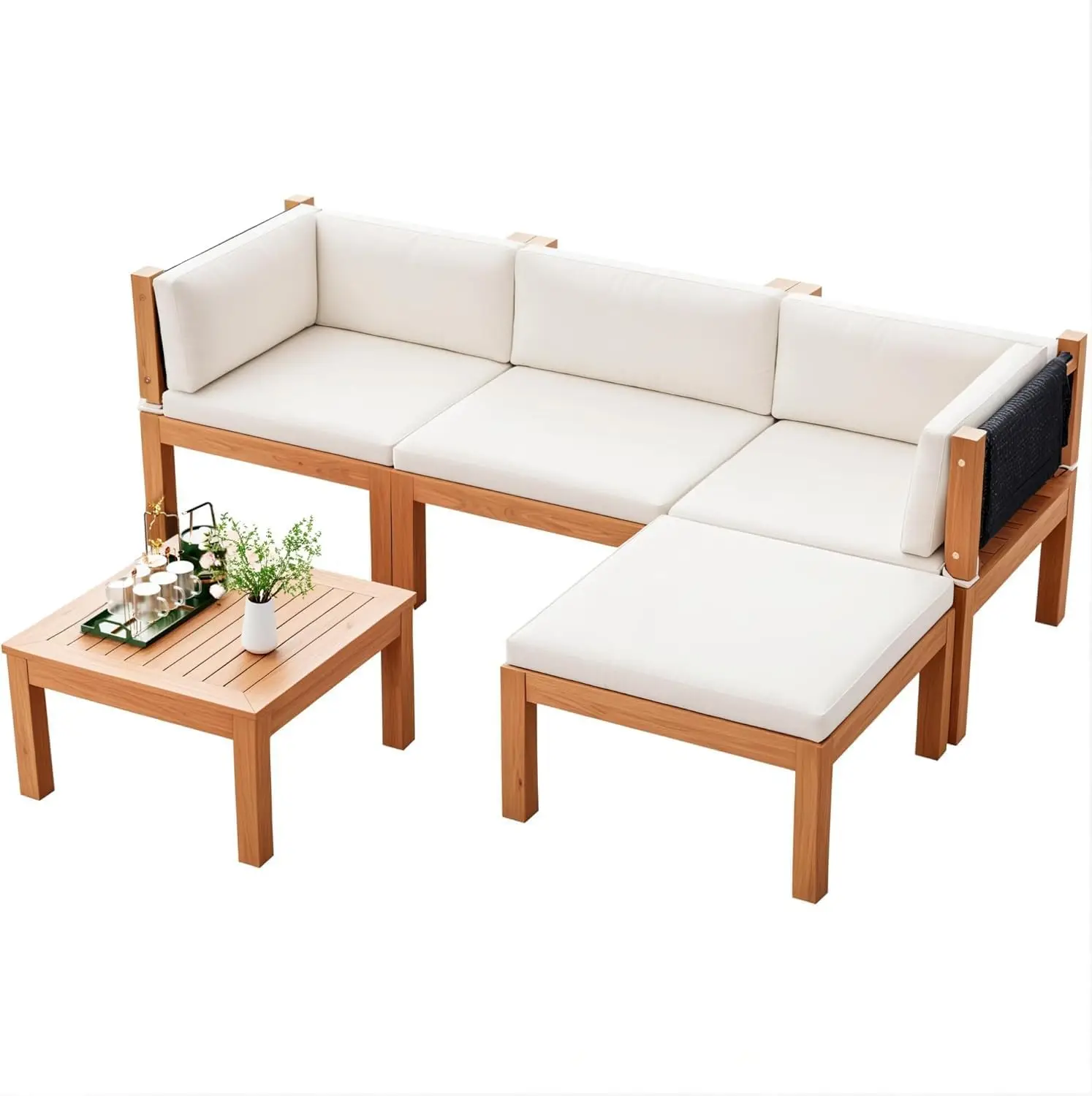 

5 Pieces Acacia Wood Outdoor Sectional Sofa Set with Coffee Table, Outdoor L-Shaped Couch with All-Weather Cushion for Patio