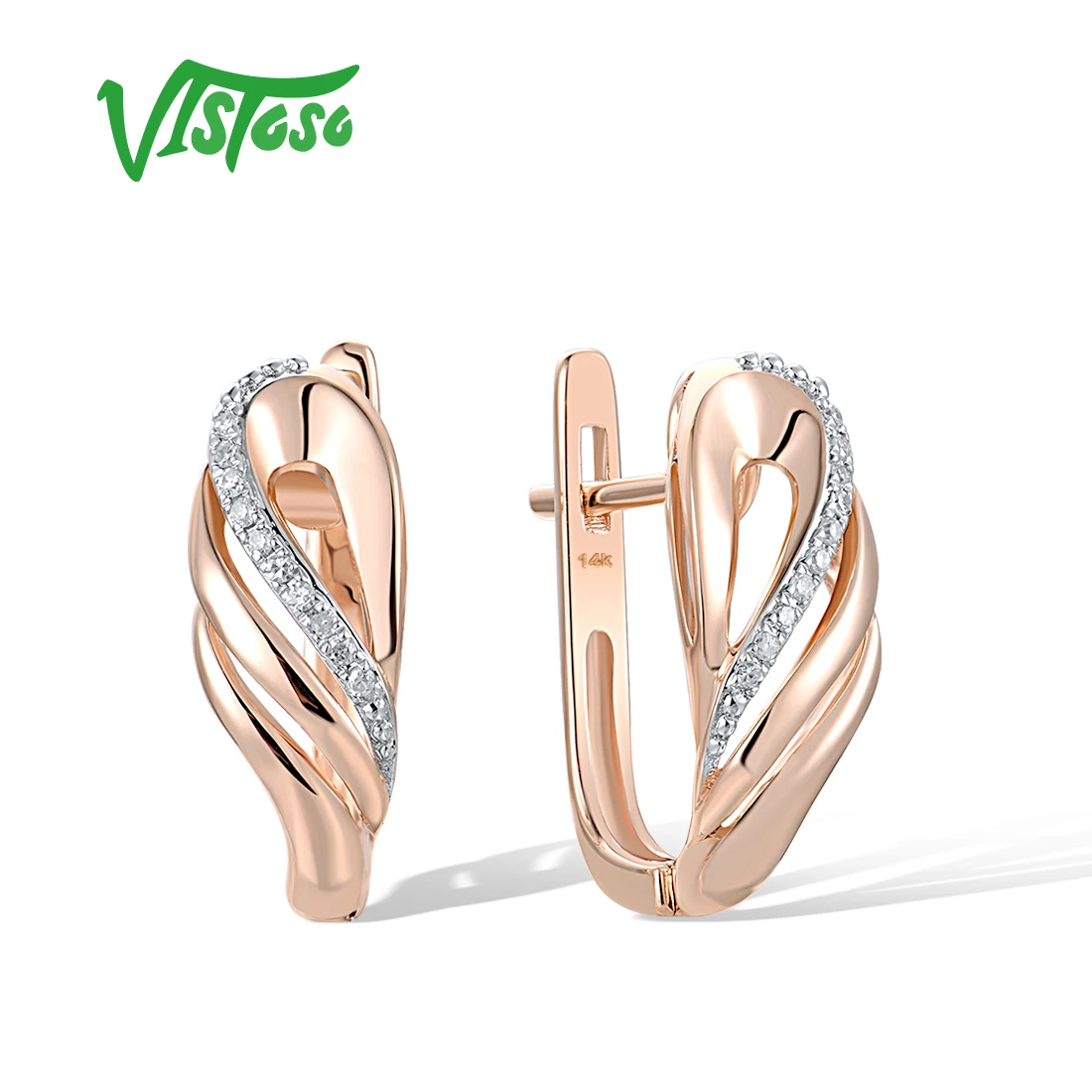 VISTOSO Genuine 14K 585 Rose Gold Latch Back Earrings For Women Sparkling Diamond Classic Wedding Anniversary Gift Fine Jewelry