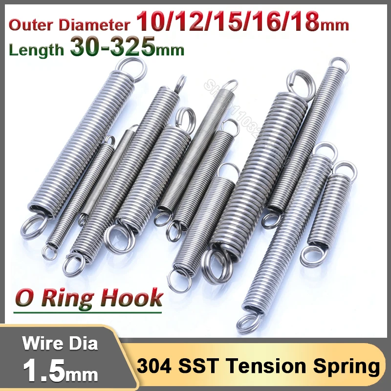 

1.5mm Stainless Steel Extension Spring O Ring Hook Tension Cylindroid Coil Tensile Expansion Draught Stretching Spring OD 10-18