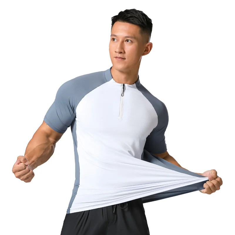 

Men Fitness Sport T-shirt Quick Dry Moisture Wicking Running Jogging Tee Patchwork Training Golf Half Zip Bodybuilding Shirts