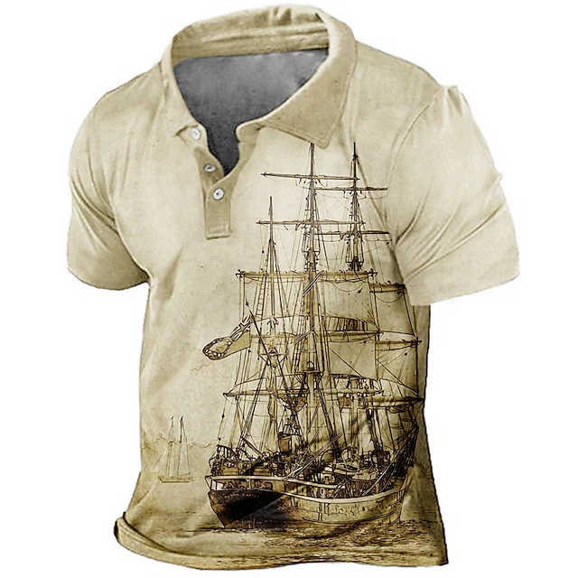 Vintage Short Sleeve Men's Polo Shirts Nautical Boat 3d Print Lapel Man Top Oversized Quick Drying Male Shirt Casual Polo Shirts