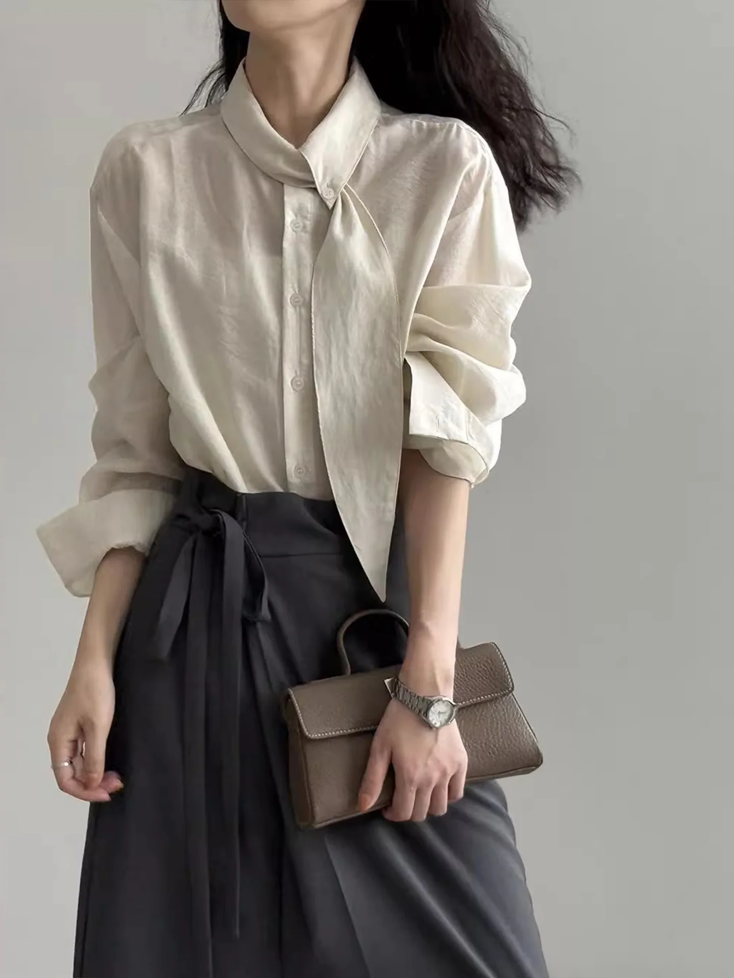 Korean Sle Long Sve irt Women's Spring Autumn Commuter Loose Scarf Collar Casual Slimming Versatile Top Trendy