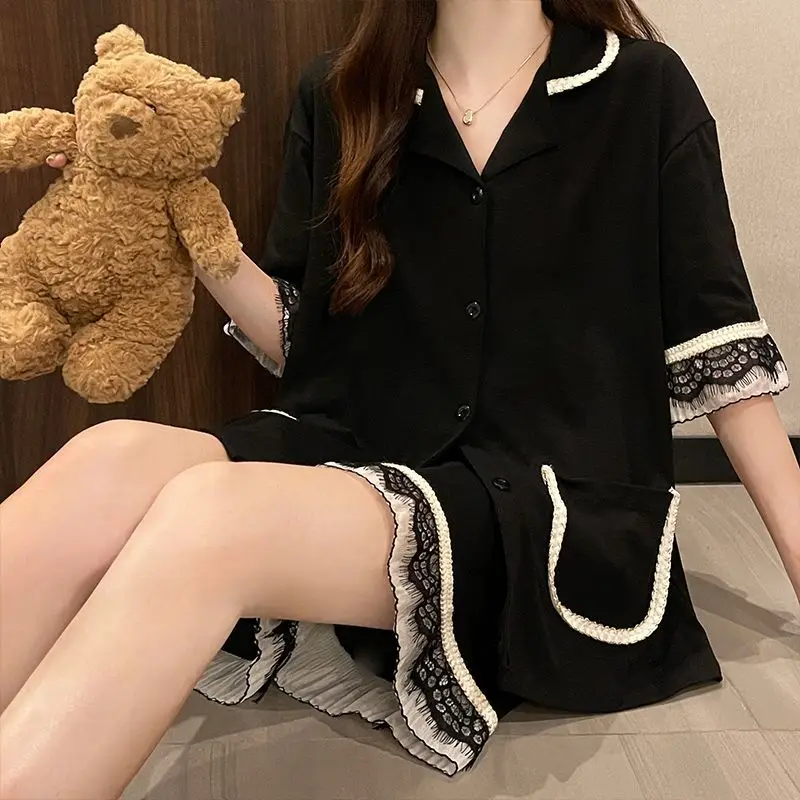 

Pajama Sets Women's Summer Short-sleeved Loose Sexy 2-piece Set Lace Black Home Clothes Nighty Womens Clothing Pajamas for Sleep
