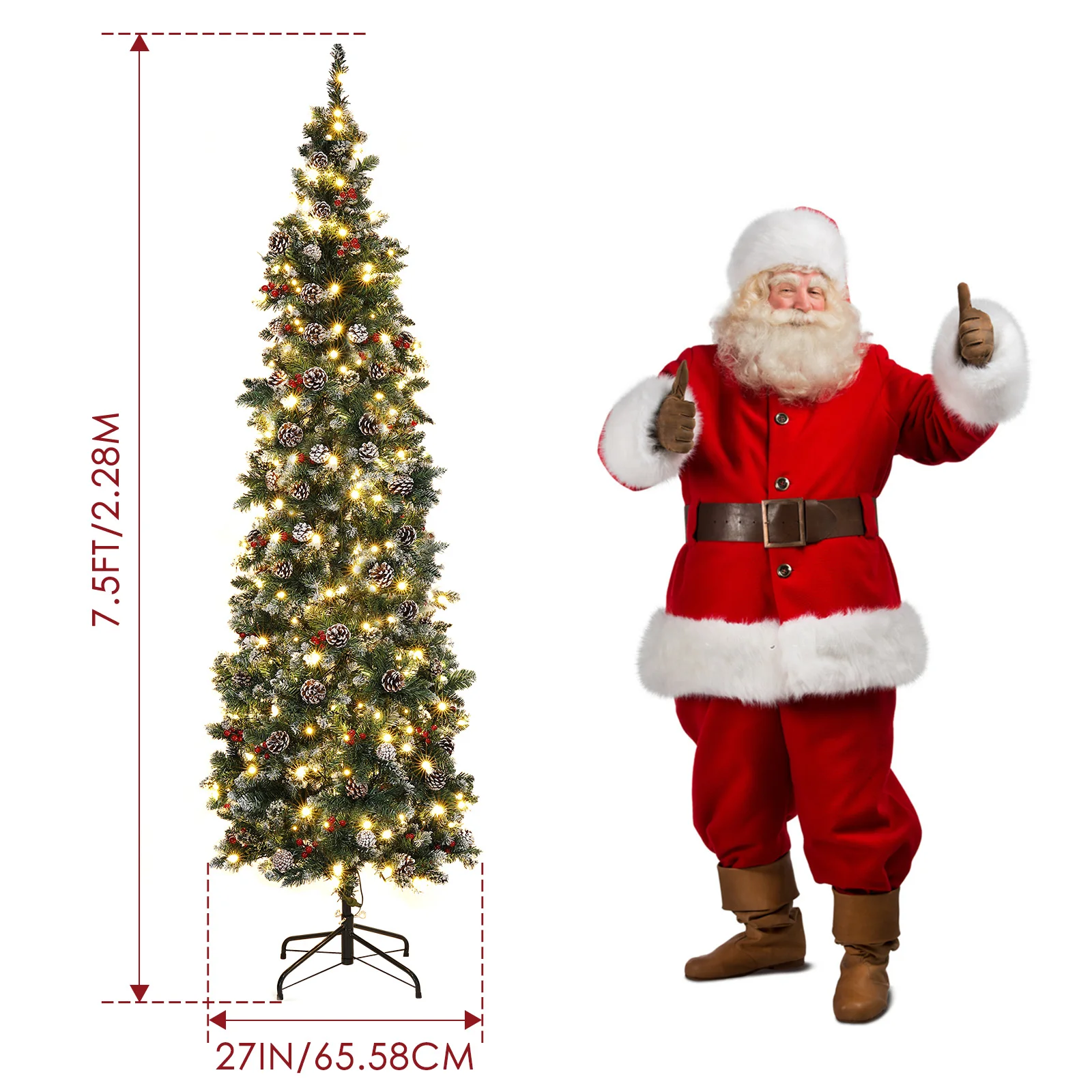 7.5 Ft Pre-Decorated Pencil Christmas Tree Pre-Lit Holiday Tree Warm White Lights with Clear Lights Collapsible 955 PVC Tips